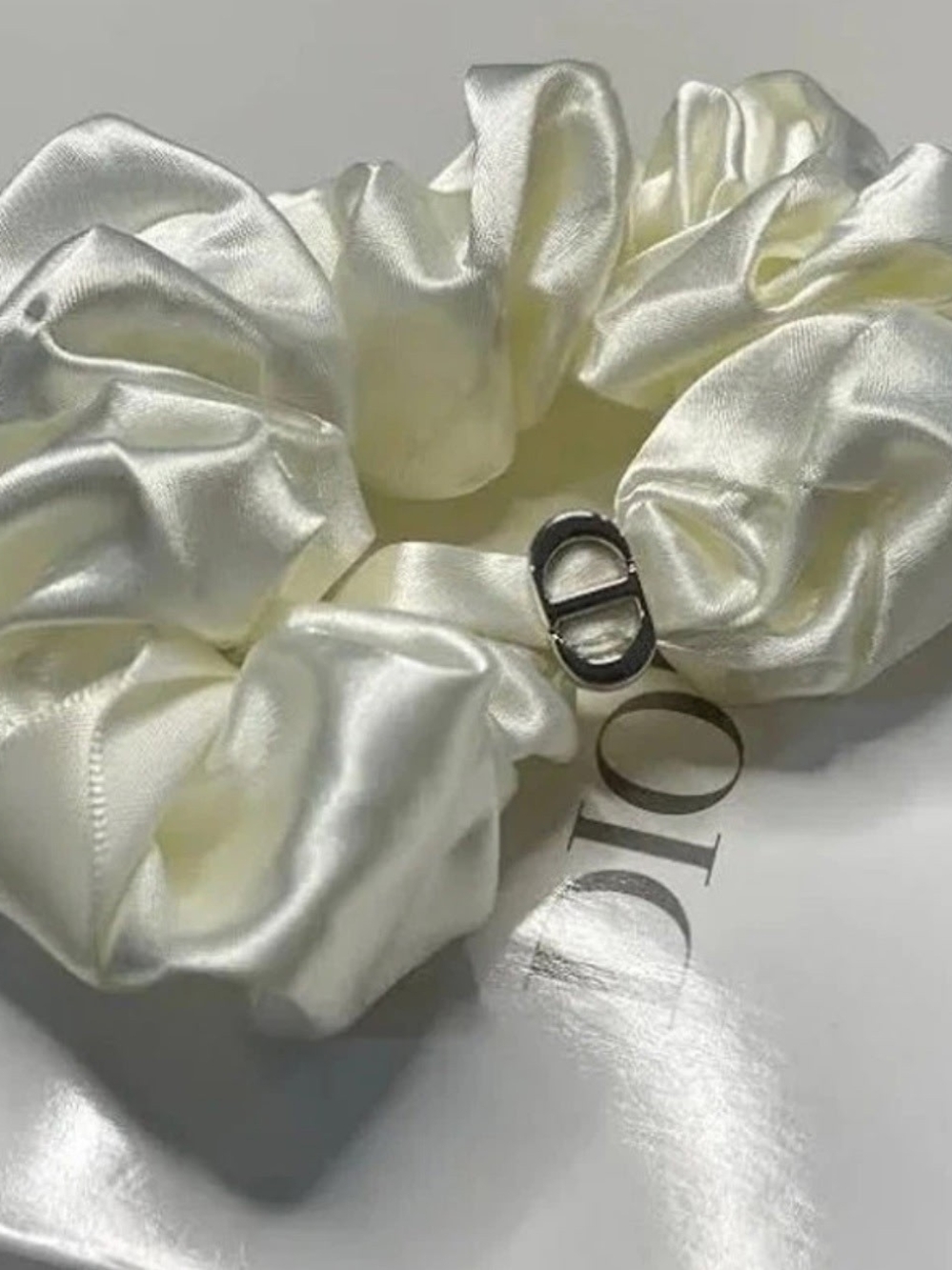 Silk-Look Ivory Scrunchie Hair Tie with Silver Accent Dior